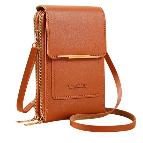 Crossbody Cell Phone Purse Bag Faux Brown Leather Zippered Compartment Closures - Picture 1 of 6